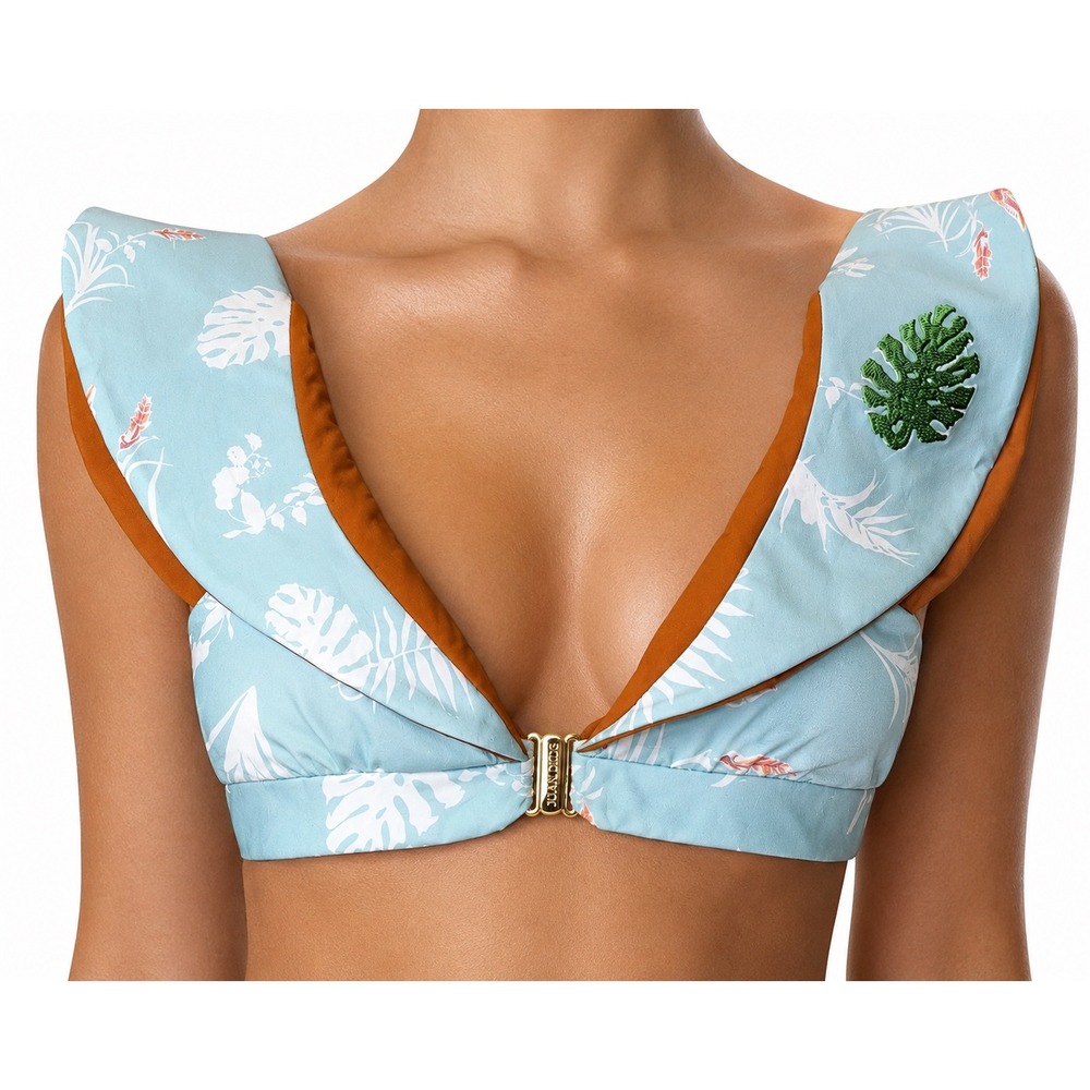 JUAN DE DIOS Swim Top‎ Medium Teal Orange Tropical Flutter Ruffle Sunset Waves